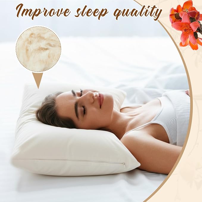 Leinuosen 1 Pack Organic Kapok Pillow 14" x 20" Natural Kapok Fiber Filled Sleeping Pillows with Breathable Cotton, Adjustable Height Soft and Supportive for Sleeping(Natural)