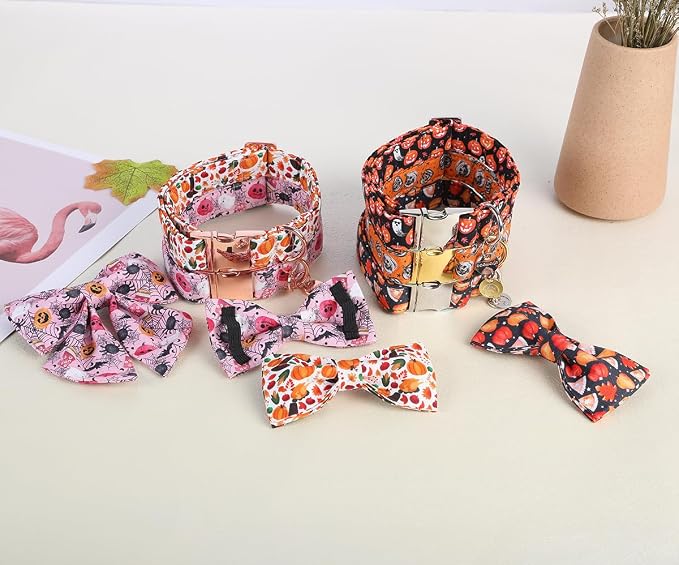 DOGWONG Fall Dog Collar with Bowtie - Fall Dog Collar Soft Cotton Autumn Dogs Necklace - Halloween Puppy Necklace for Small Medium Large Dogs