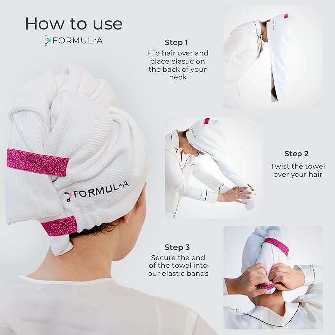 FORMUL-A Microfiber Hair Towel Wrap – Anti Frizz Towel - Fast Hair Drying Towel Wrap – Hair Care Products – Hair Plopping Wrap Towel – Hair Turban for Wet Hair – Super Absorbent (White/Pink Straps)