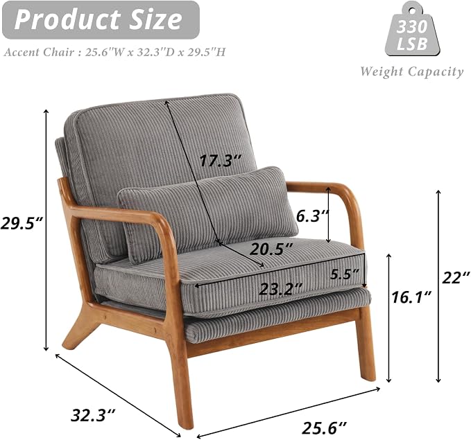 Karl home Mid-Century Modern Accent Reading Chair, Grey | Corduroy Upholstered, Solid Wood Frame, Soft Cushion, Lumbar Pillow, Lounge Armchair for Living Room, Bedroom, Balcony, Study