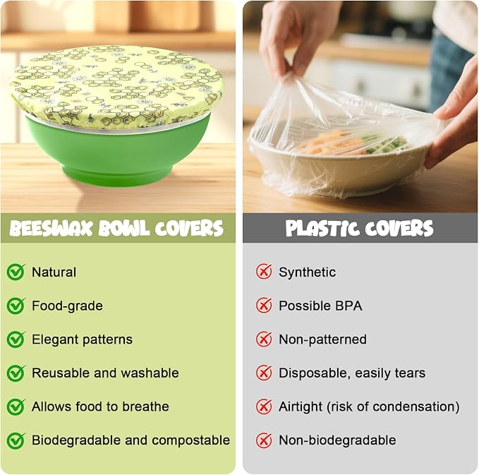 2-Pack Reusable Beeswax Bowl Covers with Bee Pattern, 10/12 Inch Elastic Cotton Food Storage Covers for Bread Proofing, Sourdough Dough & Kitchen Containers