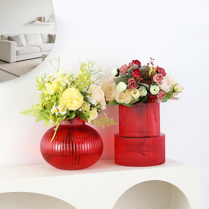 Ribbed Glass Vases, Set of 2 Fluted Vases for Flowers, Red Glass Vase for Tulips, Modern Vase for Living Room, Kitchen, Office, Entryway, Mantle, Bookshelf, Wedding Gifts, Birthday