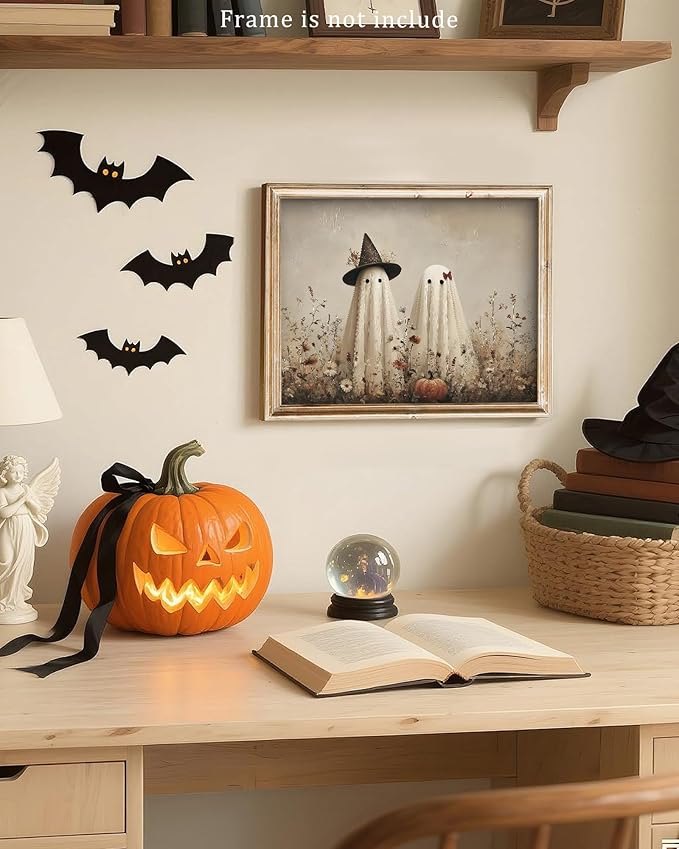 Vodefoad Whimsical Ghost Halloween Print, Two adorable ghosts in hats, Rustic halloween Cottagecore Autumn Art, Hallo ween-themed Home Decor Wall Art for Kitchens, Nurseries, and Entryway Holiday Gift - 8x10Inch Unframe