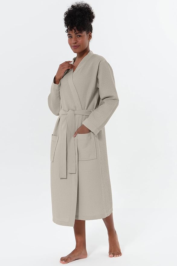 SEYANTE Women's Organic Cotton Waffle Kimono, Hooded Robe – GOTS Certified Lightweight Full-Length Spa Bathrobe with Piping
