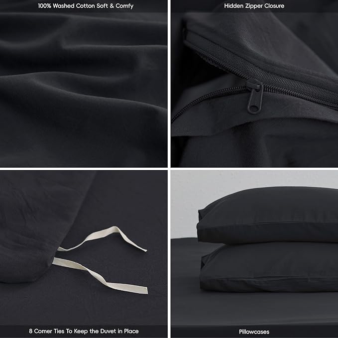 MooMee Queen Duvet Cover Set, 100% Washed Cotton Linen Like Twill Thick Sturdy Material Super Soft Breathable Durable Bedding for All Season, 3 Pieces (Black, Queen 90"x90")