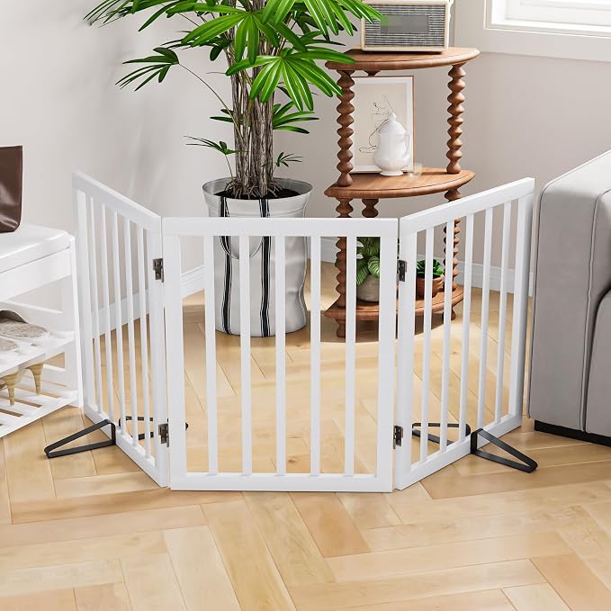 Semiocthome Bamboo Freestanding Dog Gates for Doorways,3-Panel Indoor Puppy Gates for the House with 2 Metal Stands,24"H Folding Pet Gate for Stairs Expands Up to 55"W Fully Assembled Stair Gate White