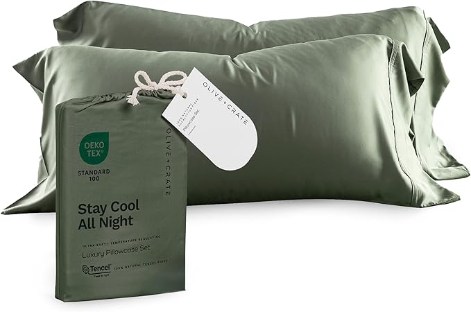 Olive + Crate Tencel Eucalyptus Pillowcases - 100% Tencel Lyocell Cooling Pillow Cases for Hot Sleepers - Hypoallergenic, Moisture-Wicking, Silk Alternative, Vegan - Standard Size Set of 2 [Moss]