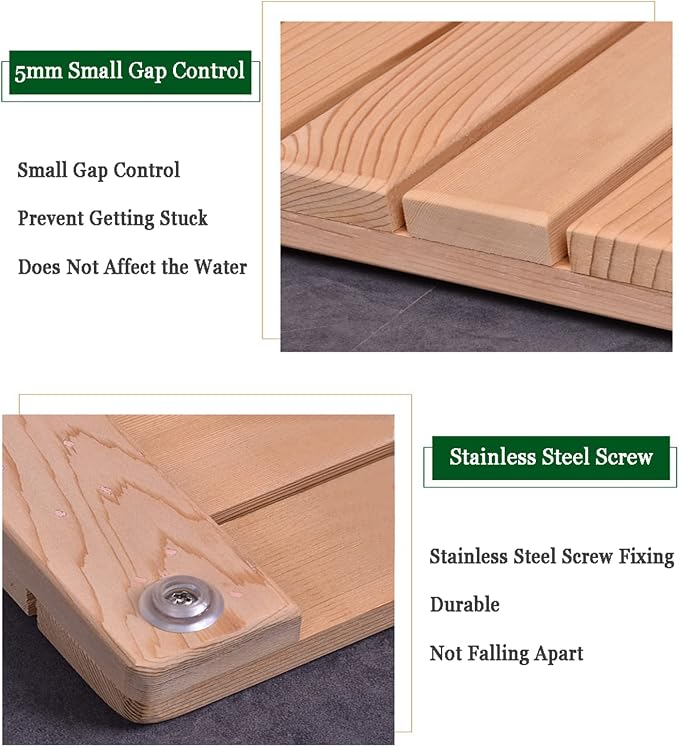 Natural Wooden Shower Mat,Bamboo Bath Mat Set,Non-Slip Wooden Bath Mats with Slatted Design for Indoor/Outdoor Bathtub, Shower, Sauna, Pool, Or Hot Tub,Customizable,75x95cm/30x37in