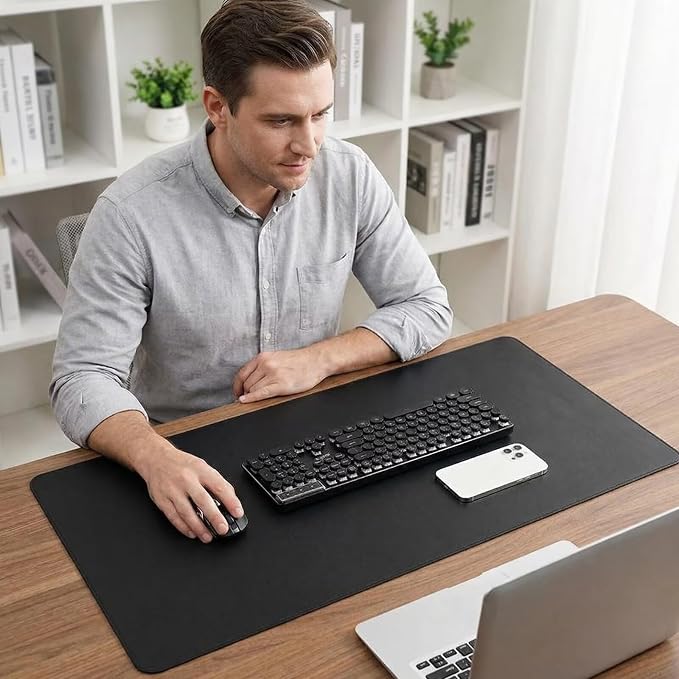 Large Leather Desk Mat - Black - 25.5 x 42 inch - Full Table Keyboard Cover - Computer Desktop Mat for Typing and Mouse Pad - Workspace Surface - Large Leather Table Pad