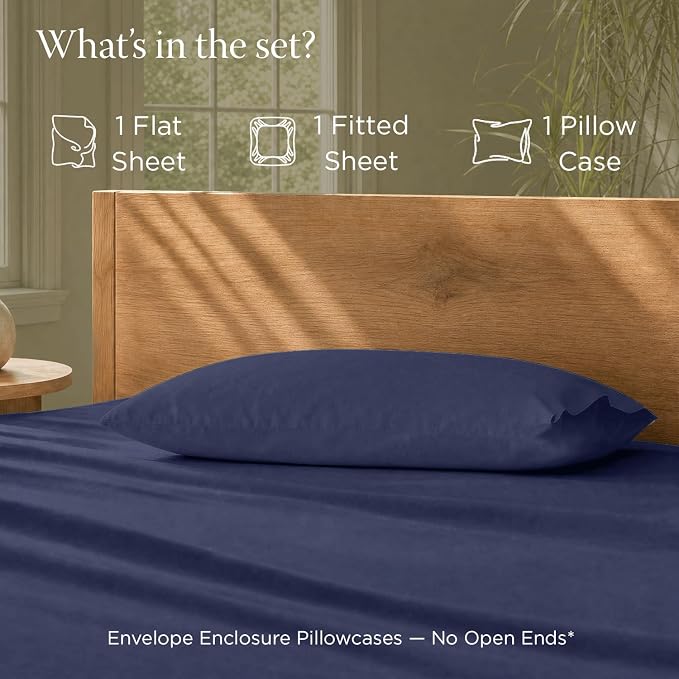 Threadmill 100% Organic Cotton Twin Sheet Set - GOTS Certified, 3 Piece, Folkstone Blue - Soft and Breathable Sheets with All-Round Elastic Deep Pocket for Snug Fit, Healthy Bedding Set
