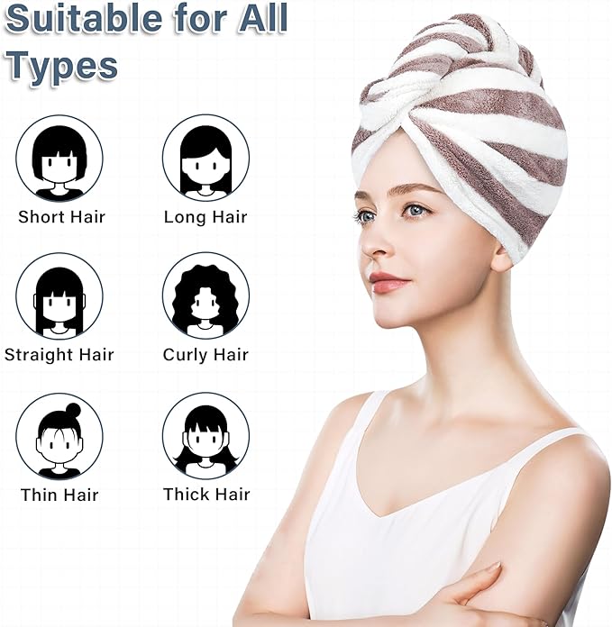 Microfiber Hair Towel Wrap, Soft Lightweight Hair Turben Towel, Super Absorbent Quick Dry Hair Turban with Button, Larger Microfiber Hair Towels for Women Curly Long Hair