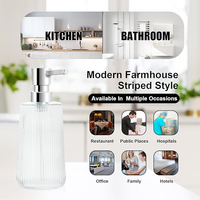 Glass Soap Dispenser for Bathroom, 250ml/8.5oz Dish Soap Dispenser with Pump for Kitchen, Modern Minimalist Stripe Style Hand Soap Dispenser, Small Refillable Soap Dispenser (Clear 1pc)