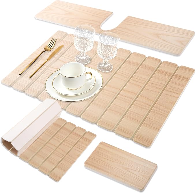 Diatomaceous Stone Drying Mat for Kitchen Counter with Sink Faucet Mat, Wooden Parrten Design Absorbent Quick Dry Dish Drying Mat Set, Diatomite Stone Slat Countertop Pad for Dishes, Cups