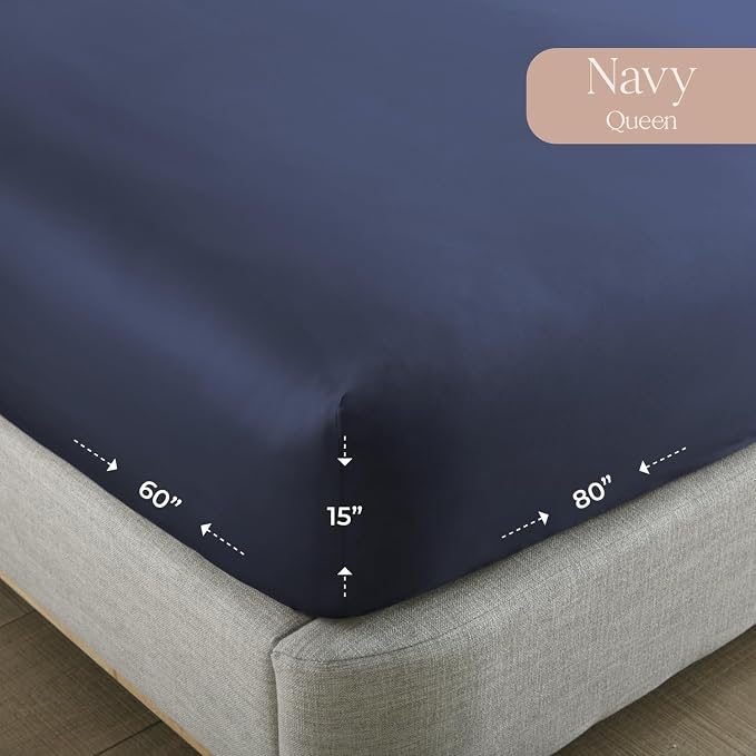 Organic Queen Fitted Sheet Only Deep Pocket - 100% Organic Cotton Sheets with Breathable 300 Thread Count Sateen Weave GOTS & Fairtrade Certified - Soft Fitted Bed Sheets Only (Navy, Queen)