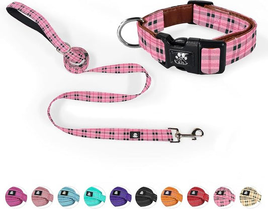NESTROAD Dog Collar and Leash Set,Soft Neoprene Pet Collar with Quick Release Buckle,Adjustable Nylon Dog Collars for Small Medium Large Dogs(Small,Cherecked Pink)