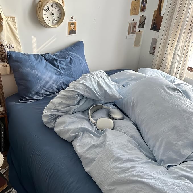 mixinni 100% Washed Cotton Duvet Cover Set King Size, Solid Light Blue Ocean Themed Chic Bedding, Soft Breathable Minimalist Comforter Cover with Zipper Closure & Corner Ties-King Size
