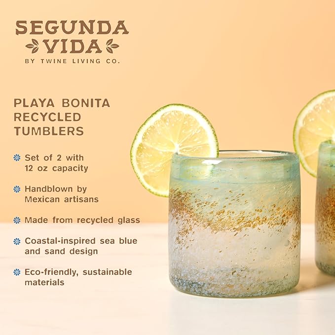 Segunda Vida Playa Bonita Hand-Blown Tumblers, Recycled Drinking Glasses, Coastal Inspired Sea Blue and Sand Design, Mexican Glassware, Decorative Drinkware for Home Bars, 10 oz, Set of 2
