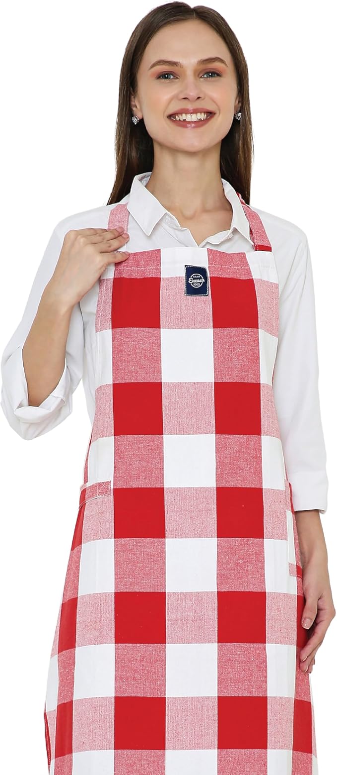 Encasa XO Cotton Kitchen Aprons for Women & Men with Pocket & Towel Loop, Adjustable Neck & Back Strap for Cooking, Baking