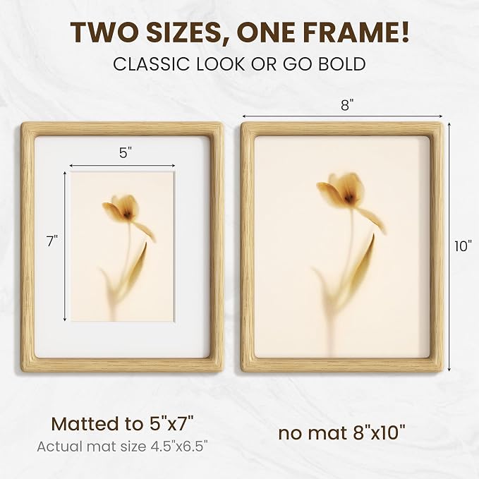 8x10 Picture Frame, USA-Sourced Oak Wood Picture Frame, 8x10 Photo Frame with High Tempered Glass, 8 by 10 Wooden Frame Matted to 5x7 Photo for Wall & Tabletop Display, Oak Color, 1 Pack