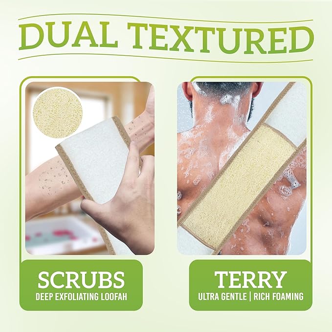 Natural Loofah Exfoliating Body Scrubber, Loofah Bath Sponge, Luffa for Women and Men, 100% Biodegradable Compostable, Dye Free, Zero Waste Eco Friendly Sustainable (Back Scrubber Pack 1)