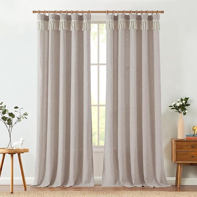 jinchan Linen Curtains for Living Room Bedroom Light Filtering Semi Sheer Curtains Boho Farmhouse French Country Cottage Core Decor Window Drapes Back Tab 96 Inch Length Tassel Taupe