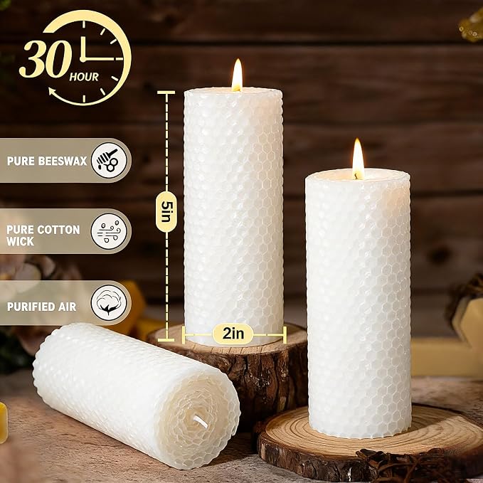4 Pack Beeswax Pillar Candles, Pure Natural White Beeswax Pillar Candles-80 Hours Long Burning,Organic Unscented Bees Wax Candles for Home,Paryer, Dripless & Smokeless, 2x5in