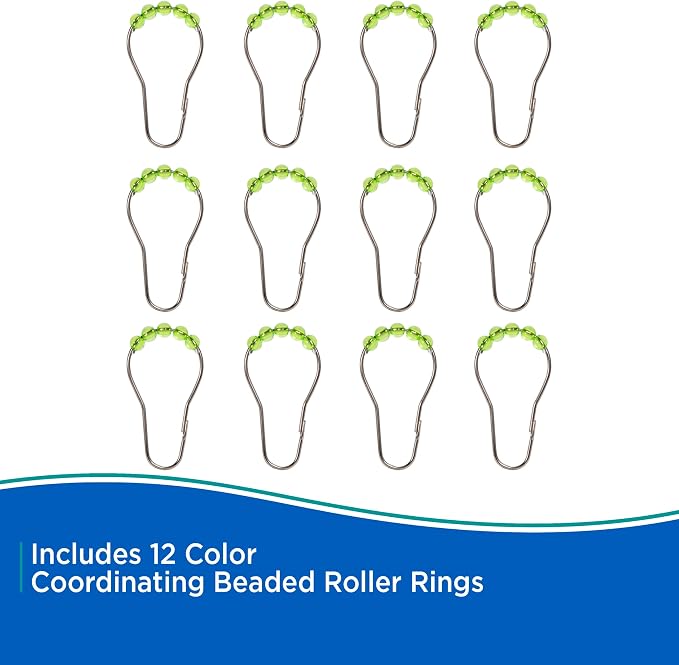 Kenney KN61703 Medium Weight 5 Gauge Waterproof PEVA Shower Curtain Liner with Durable Eyelet Hang Holes, Weighted Magnetic Hem, and 12 Piece Beaded Roller Ring Set for Bathroom, 70" W x 72" H, Green