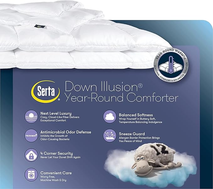 Serta Down Illusion All Season Hypoallergenic Down Alternative Comforter with Corner Loops, Twin/Twin XL, White