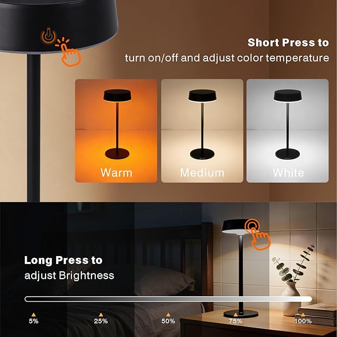 Solar Table Lamp, Rechargeable Outdoor Lamps for Patio Waterproof 3 Color Dimmable, Solar Lamp for Outdoor, Bedroom, Garden, Camping, Bathroom (Black)