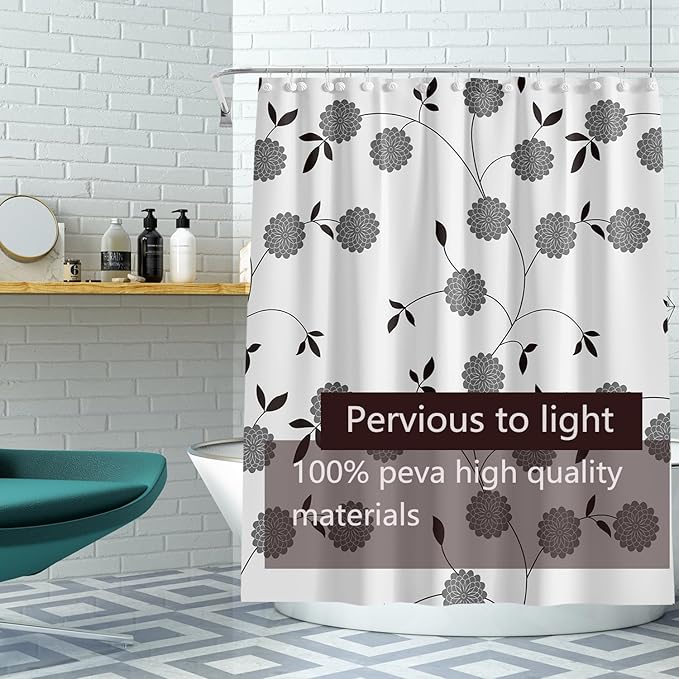 TIKABC Shower Curtain Liner, 4G PEVA Black and White Tree Flower Shower Liner, Plastic Waterproof Shower Curtains, 72x72 inch with Grommet Holes 3 Magnetic Weights