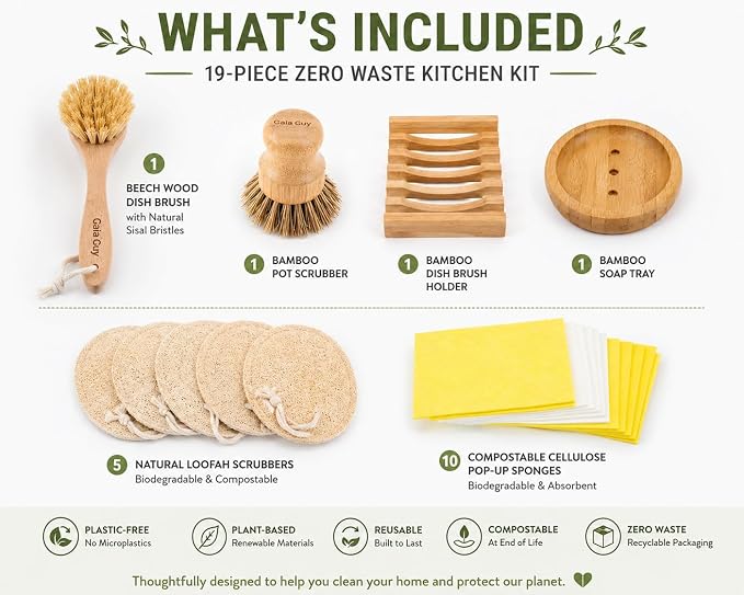 Gaia Guy Plastic-Free Dish Brush Set | 19-Piece Zero Waste Kitchen Cleaning Kit with Bamboo & Beech Wood Brushes, Cellulose Sponges, Natural Loofahs & Soap Holders | Eco Friendly Dishwashing Set