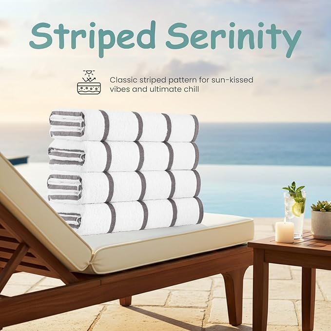 CASA COPENHAGEN Cabana Pool 4Pcs 100% Egyptian Cotton Large Designer Beach Towels Gift Set- White Ash, 500GSM, 55"x27", 4 Beach Bath Towels (Box Pack, Set for Women & Men)