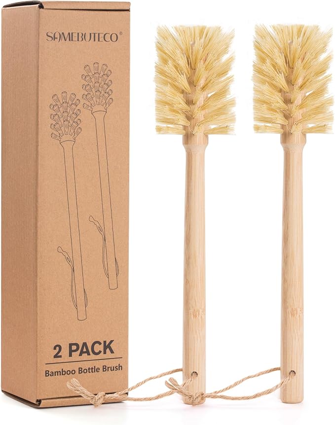 SAMEBUTECO Natural Bamboo Cup Cleaning Brush Set of 2 – 11.5 Inch Sisal Bristle Bottle Brush with Flat Head Design, Wooden Handle with Hanging Hole & Rope for Cups, Mugs, Glasses, Water Bottles
