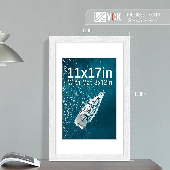 VCK 11x17 Picture Frames White 3 Pack, Wide Border Wood, Tempered Glass, Display 8x12 Photo with Mat or 11 x 17 without, for Home, Office, Gallery, Woodgrain Series, Wall Hanging