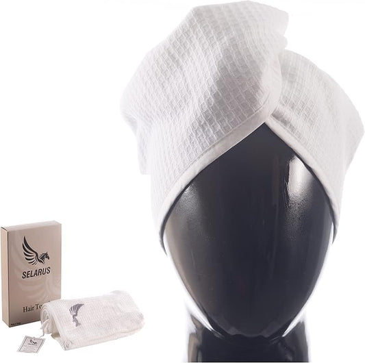 100% Turkish Cotton Hair Towel Wrap for Women,Non Microfiber,400-GSM(Grams per Square Metre),AntiFrizz,Hair Plop Waffle Towels for Curly,Long&Thick Hairs,Turban Head Wrap,1Pack10x26inc(White)
