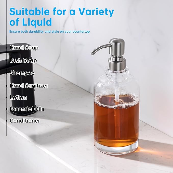 Glass Soap Dispenser Clear with Brushed Nickel Pump, 16.9 OZ Liquid Soap Dispenser Cylindrical with Stainless Steel Pump for Dish Hand Soap Bathroom Kitchen Vanity Countertop