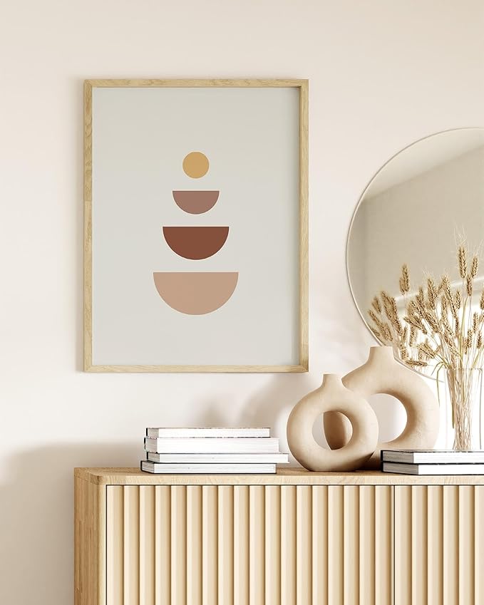 Minimalist Geometric Wall Art Stacked Semi-Circle Shapes Earth Tones Terracotta Brown Mid Century Modern 12x16 Inch Oak Wood Beige Framed Abstract Print for Office