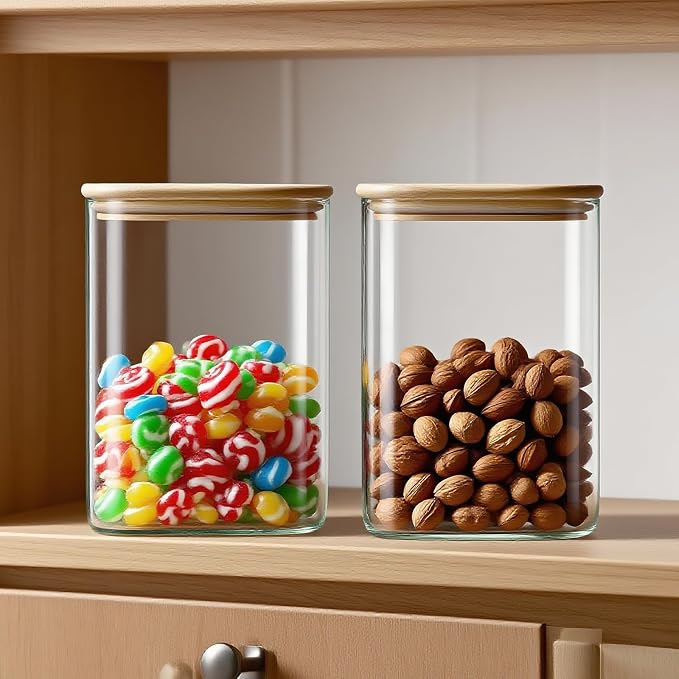 Glass Storage Jars with Bamboo Lids - Glass Food Containers with Lids - Pasta Storage Containers - Clear Kitchen Canisters for Tea,Coffee,Sugar,Flour,Cereal,Cookie