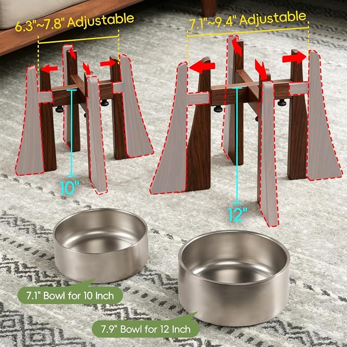 Elevated Bowl Stand Set 12-inch with Heavy Duty Beech Wood Made, Anti-Vomit Design for Medium Breed, Senior Dogs, Ergonomic Neck Protecting, Adjustable Diameter, Easy Clean Non Toxic