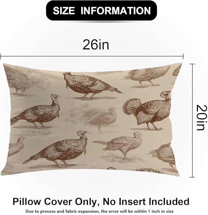 Shrahala Wild Turkeys Pillowcases, Vintage Turkey Illustration Lumbar Pillow Cover Decorative Blended Double-Sided No Inserts for Bedroom Sofa Living Room Set of 2 (26 x 20 in)