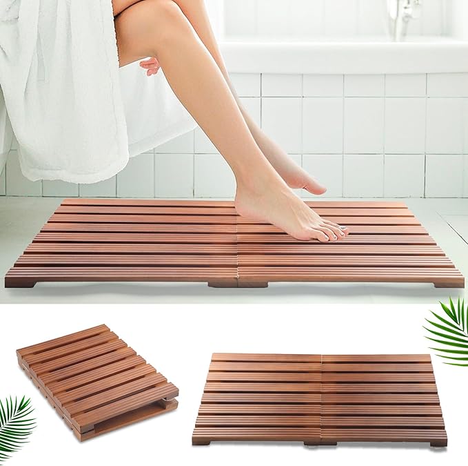 Teak Shower Mat, Foldable Luxury Wooden Shower Mat for Bathroom, Non-Slip Teak Bath Mat for Bathtub, Spa, Sauna, Pool, Indoor Outdoor Use, Wood Floor Mat for Home and Travel