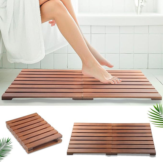 Teak Shower Mat, Foldable Luxury Wooden Shower Mat for Bathroom, Non-Slip Teak Bath Mat for Bathtub, Spa, Sauna, Pool, Indoor Outdoor Use, Wood Floor Mat for Home and Travel