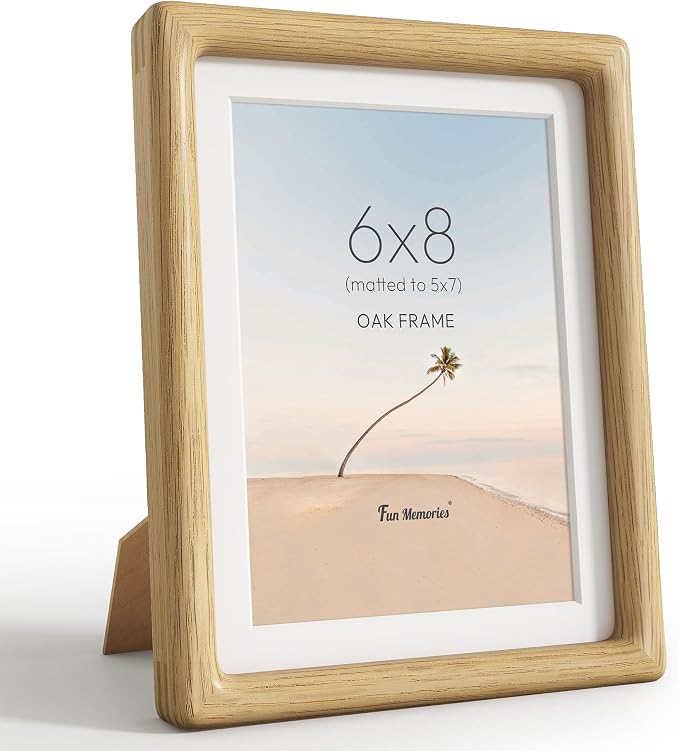 6x8 Picture Frame, USA-Sourced Oak Wood Photo Frames with HD Tempered Glass, Display Photo 5x7 with Mat or 6x8 Without Mat, 5x7 Frame for Tabletop or Wall Display, Oak Color, 1 Pack