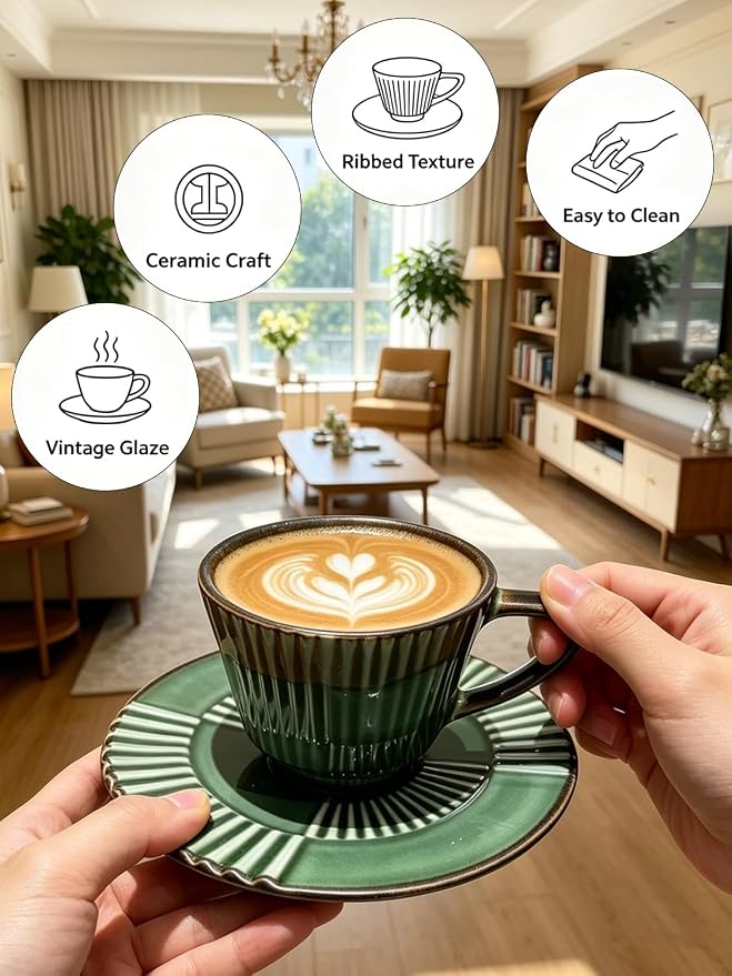 Ceramic Coffee Cup and Saucer Set, 6.7 oz Espresso Cup Set with Plate, Forest Green Ceramic Tea Cup for Latte, Cappuccino, Coffee Bar and Kitchen Décor