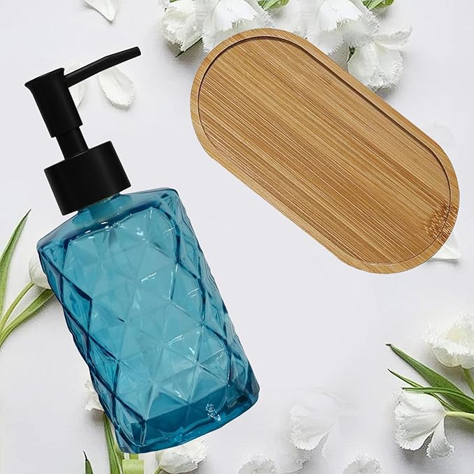 Glass Hand and Dish Soap Dispenser Set of 2 with Plastic Pumps, Bamboo Tray, 12oz Blue Bathroom Soap Dispenser with Diamond for Hand Wash & Dish Wash, Ideal for Bathroom Kitchen Countertop