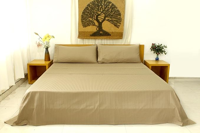 Organic Cotton Soft Sateen Stripe Bed Sheet Set - Luxury Hotel Quality - GOTS Certified - Deep Pocket - Easy Care - King (Khaki)
