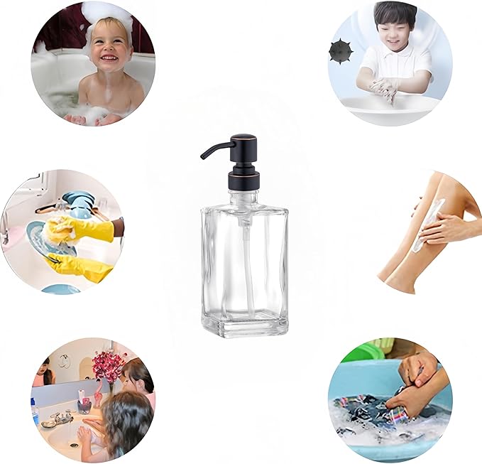 13.5 Oz Clear Glass Soap Dispenser with Rust Proof Stainless Steel Pump, Antique Design Refillable Square Lotion Dispenser for Bathroom, Premium Kitchen Hand Soap (Oil Rubbed Bronze)