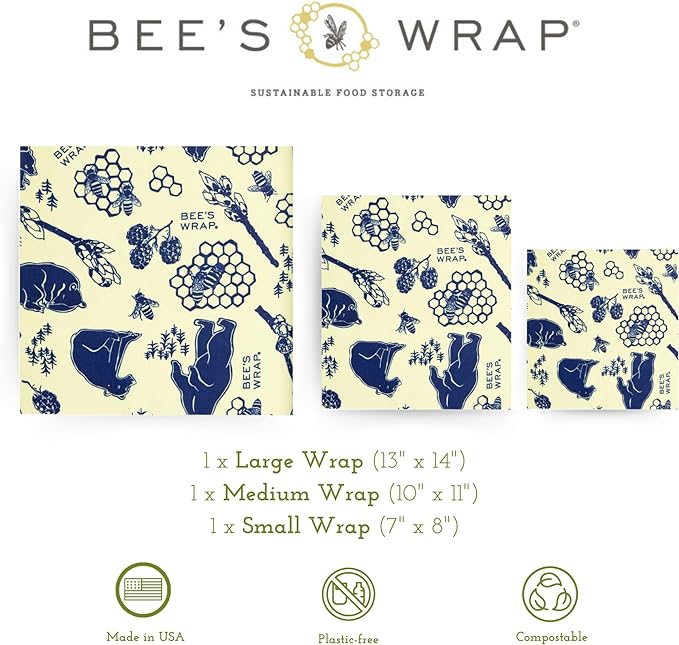 Bee's Wrap Beeswax Wraps for Food - 3 Pack of Assorted Beeswax Wraps - Small, Medium & Large Wrap - Plastic Free Made in USA Reusable Natural Food Wrap - Bees & Bears Print