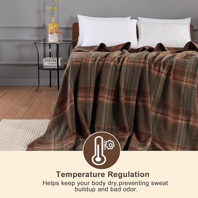 YOUR MOON 100% Pure Wool Blanket Twin Size, Natural Australian Wool Blankets, Medium Weight, Hypoallergenic Blanket for Bed (Plaid Brown, 66 * 90)