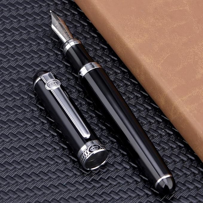 Lanxivi Duke D2 Fountain Pen Black Silver Trim Fine Nib with Additional Fude Nib (Bent Nib) and Converter Calligraphy Art Pen Set